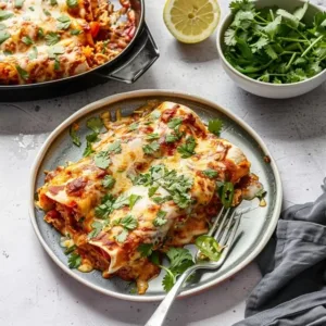Delicious shredded chicken enchiladas served with cheese and sauce