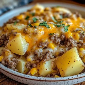 Slow cooker cowboy potato casserole served in a bowl with toppings