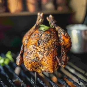 Delicious smoked beer can chicken on a grill, showcasing perfect cooking techniques.