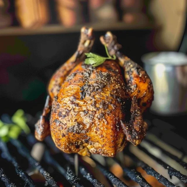 Delicious smoked beer can chicken on a grill, showcasing perfect cooking techniques.