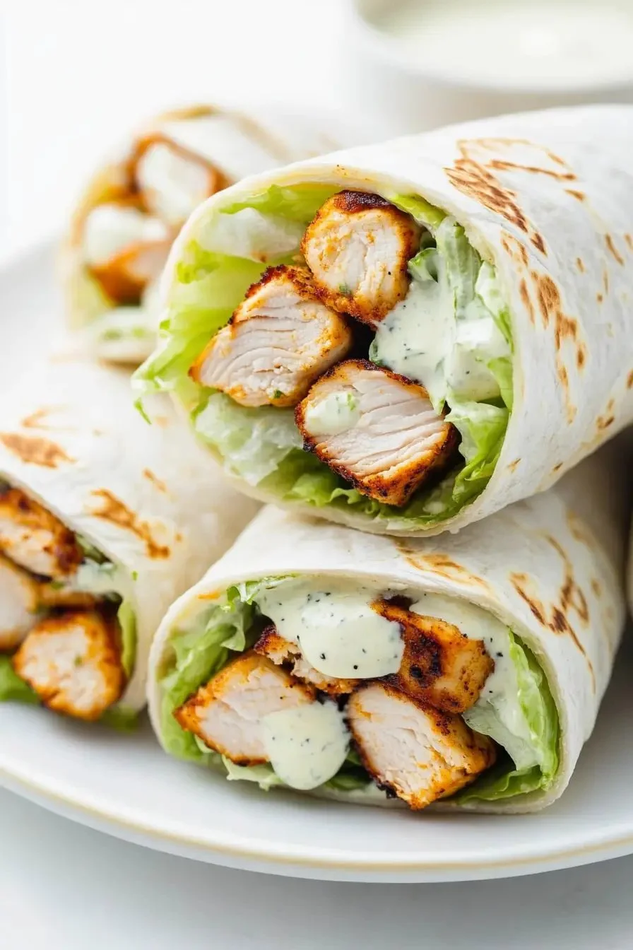 Tasty grilled chicken wraps with fresh vegetables and tasty sauce