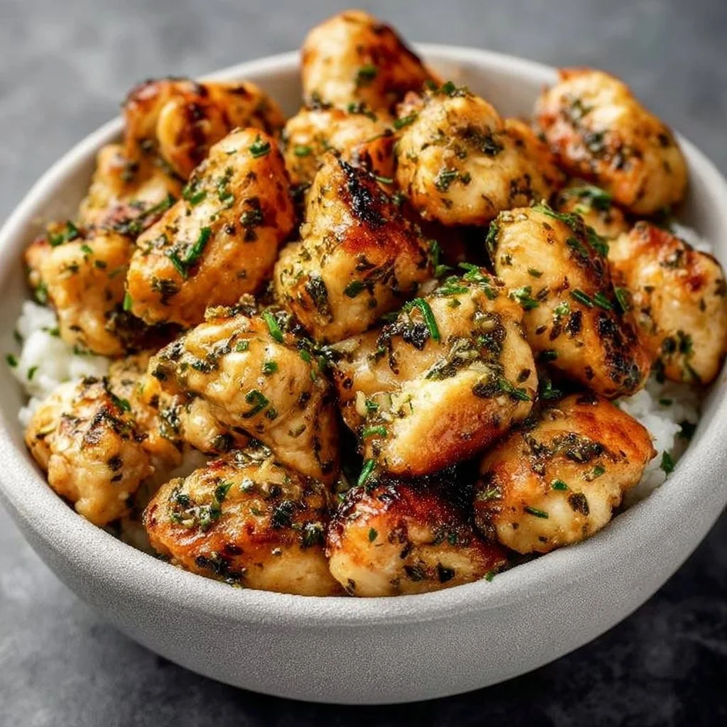 15-minute garlic butter chicken bites served on a plate