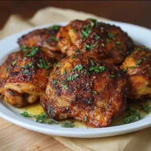Juicy baked chicken thighs seasoned and cooked to perfection in 30 minutes.