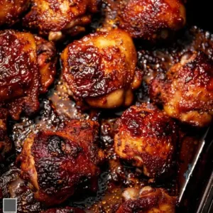 Juicy oven baked chicken thighs served on a plate, garnished with herbs.