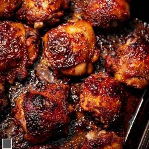Juicy oven baked chicken thighs served on a plate, garnished with herbs.