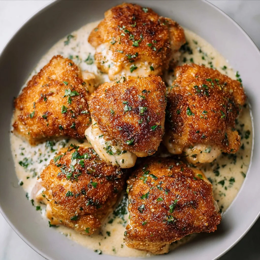 Delicious air fryer boneless skinless chicken thighs served on a plate.