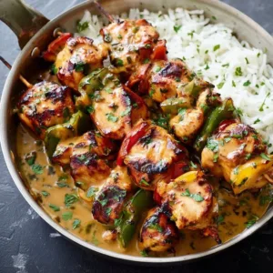 Grilled BBQ Chicken Skewers with colorful vegetables on a plate