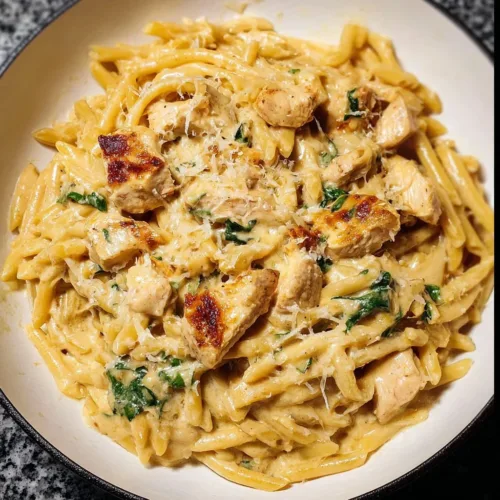 Creamy chicken alfredo pasta served in a bowl with parsley garnish