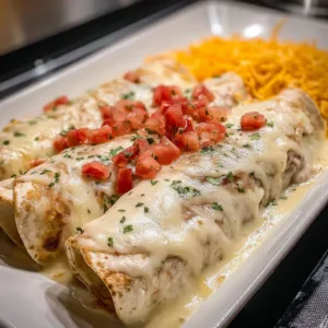 Cheesy queso chicken enchiladas topped with a creamy sauce and garnished with cilantro.