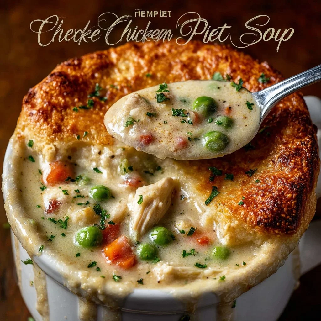 Bowl of Chicken Pot Pie Soup with vegetables and flaky crust on top