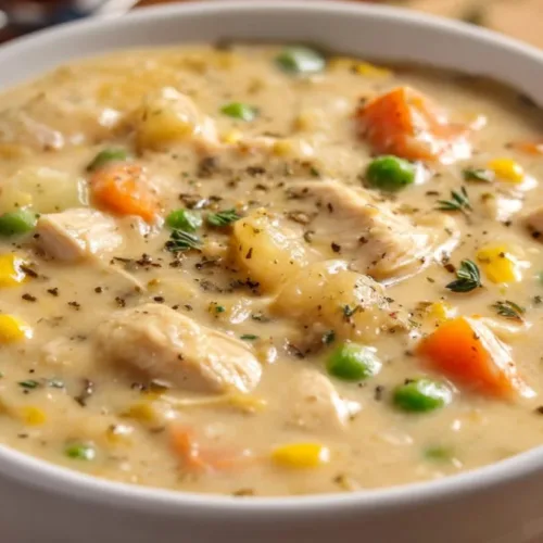 Creamy Chicken Pot Pie Soup in a Crockpot with vegetables and spices