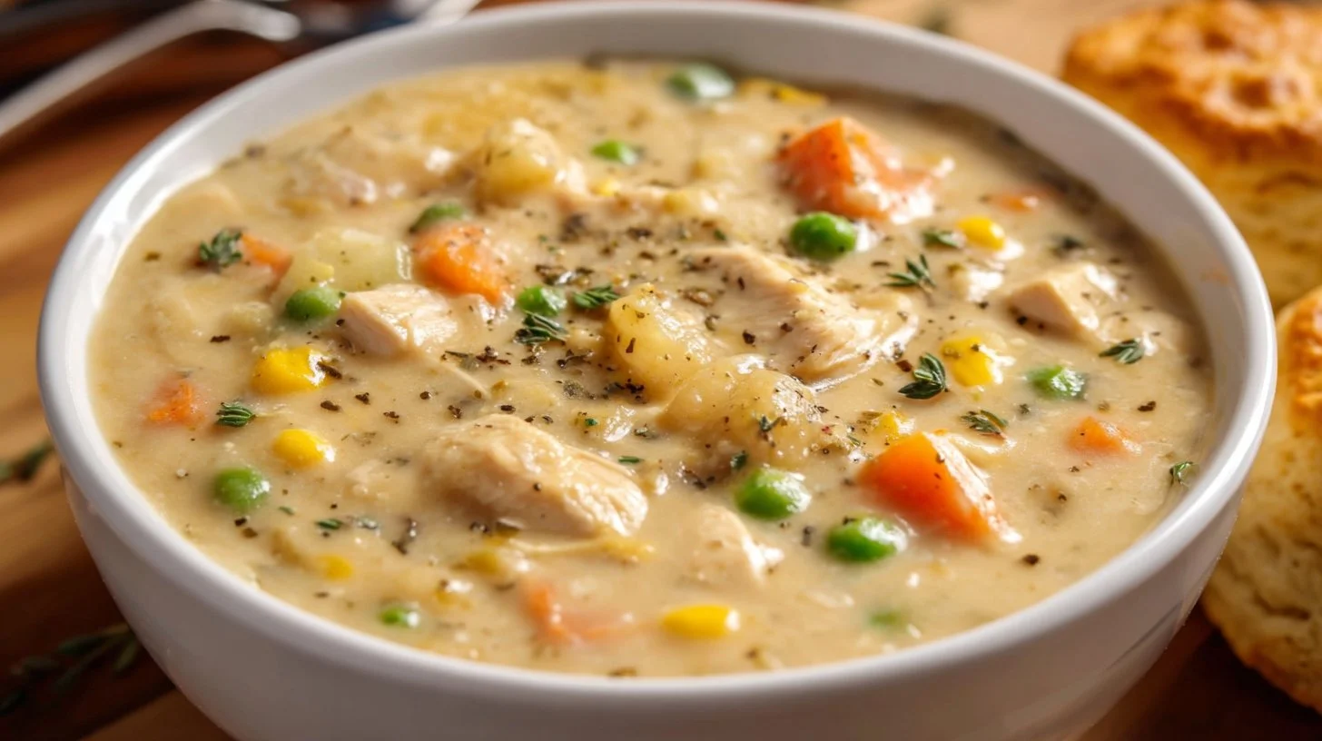 Creamy Chicken Pot Pie Soup in a Crockpot with vegetables and spices