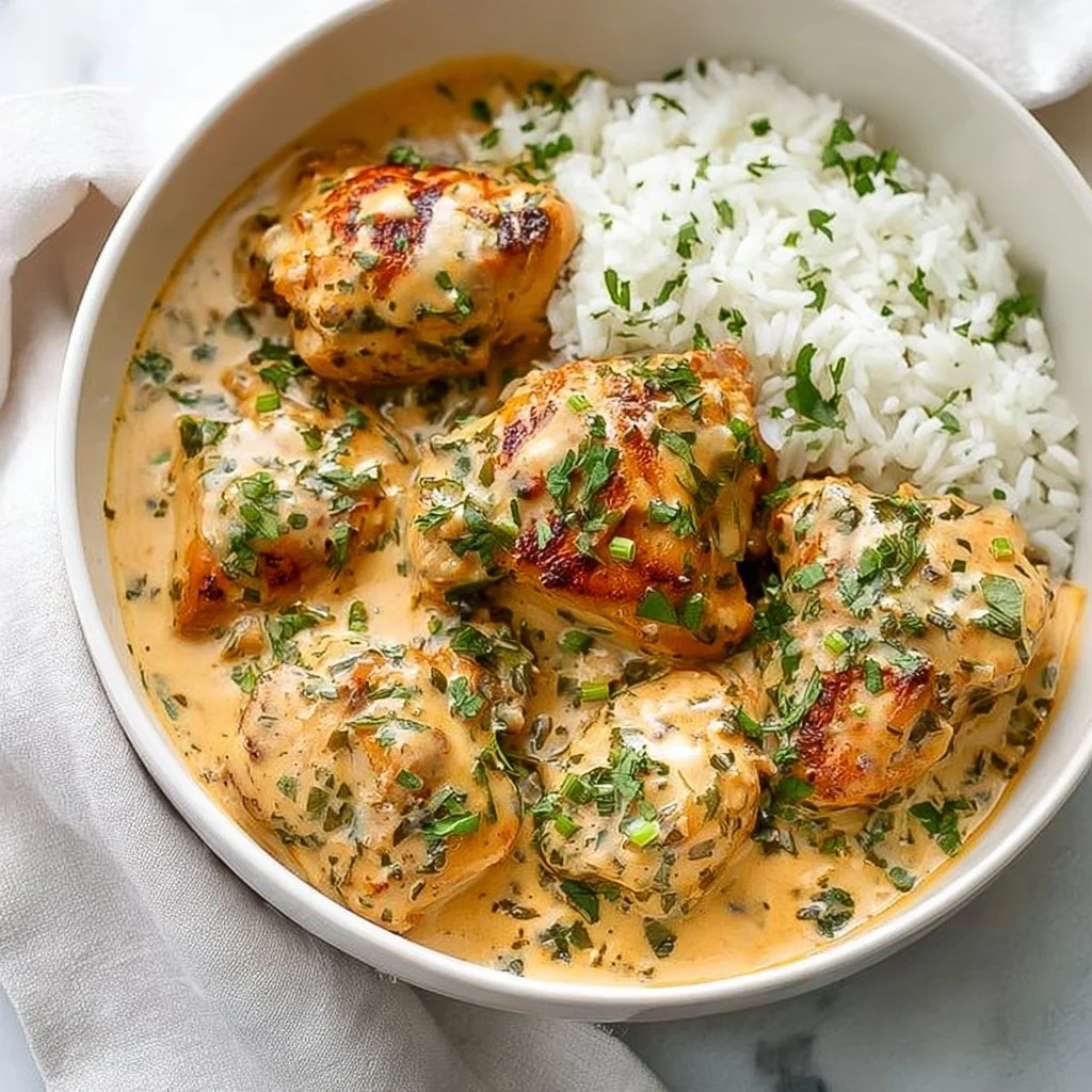 Coconut Lime Chicken dish garnished with lime and fresh herbs