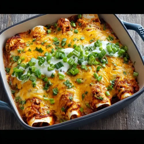 Creamy chicken enchiladas topped with cheese and fresh ingredients