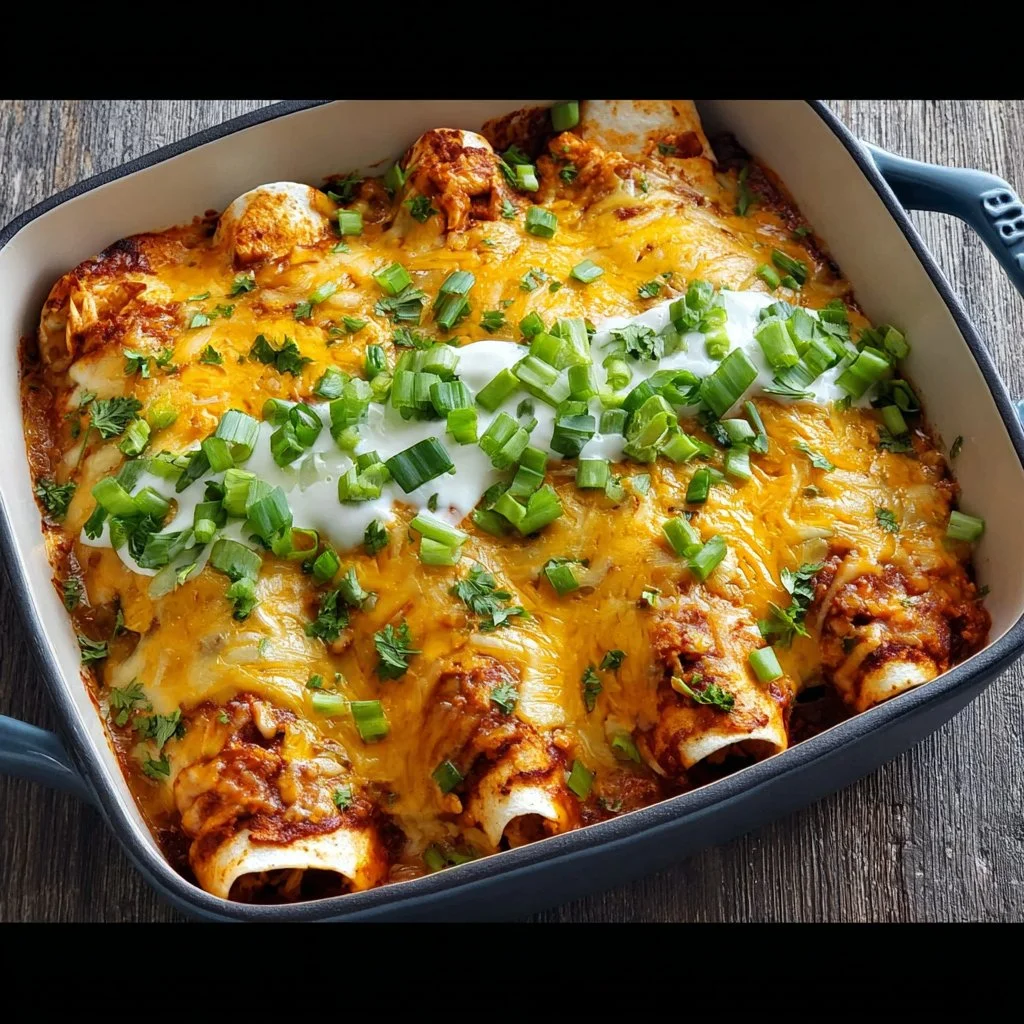 Creamy chicken enchiladas topped with cheese and fresh ingredients