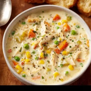 Bowl of creamy chicken pot pie soup garnished with herbs and vegetables