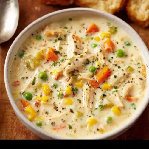 Bowl of creamy chicken pot pie soup garnished with herbs and vegetables