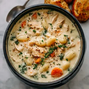 Bowl of creamy Crockpot Gnocchi Chicken Pot Pie Soup with vegetables and herbs