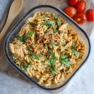 Creamy Garlic Chicken Pasta Meal Prep in a bowl, ready to serve.