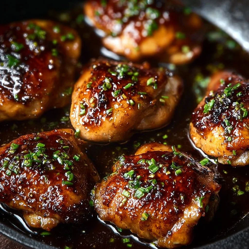 Creamy Garlic Parmesan Chicken Thighs with herbs and seasoning on a plate
