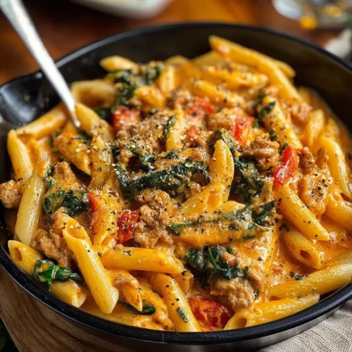 Creamy ground chicken pasta dish served in a bowl with fresh herbs