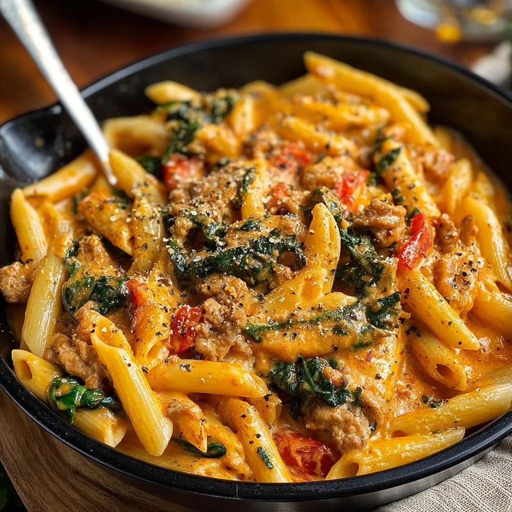 Creamy ground chicken pasta dish served in a bowl with fresh herbs