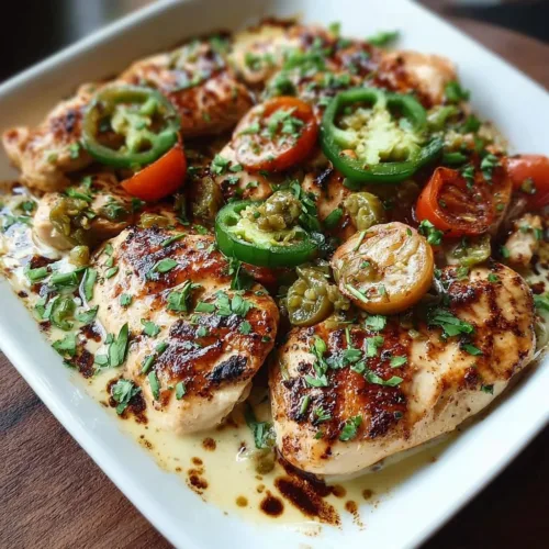 Creamy pepperoncini chicken skillet recipe with chicken and peppers in a skillet