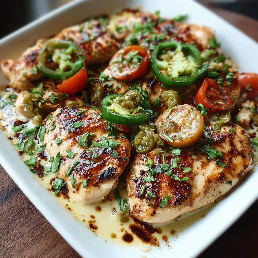 Creamy pepperoncini chicken skillet recipe with chicken and peppers in a skillet