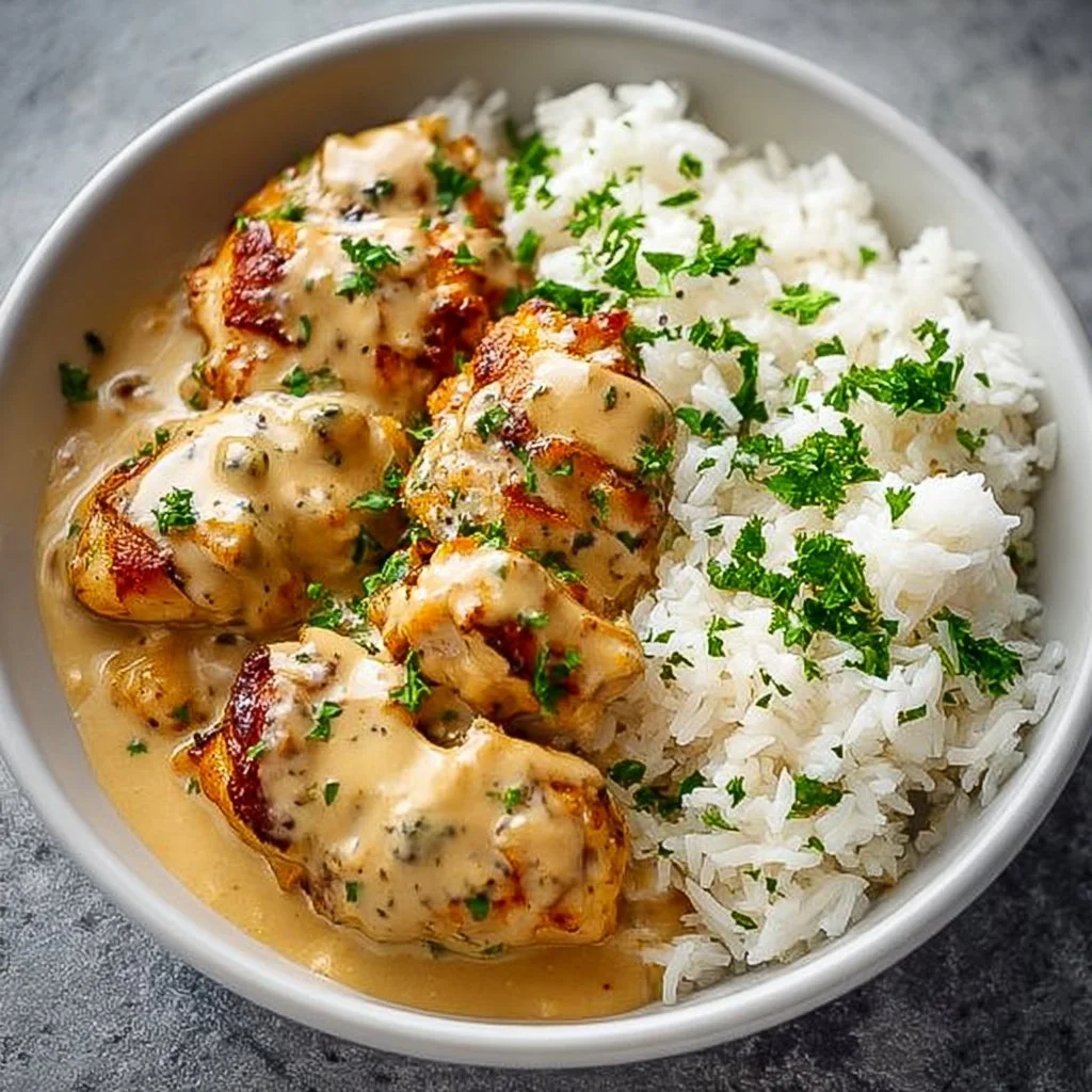 Creamy smothered chicken served over rice with rich sauce.