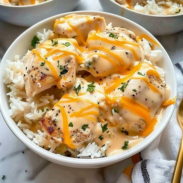 Creamy smothered chicken served over fluffy rice for a satisfying meal.