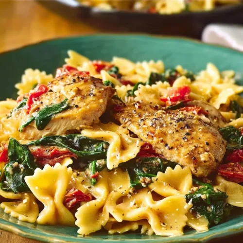 Creamy Tuscan Chicken Pasta with spinach and sun-dried tomatoes in a bowl