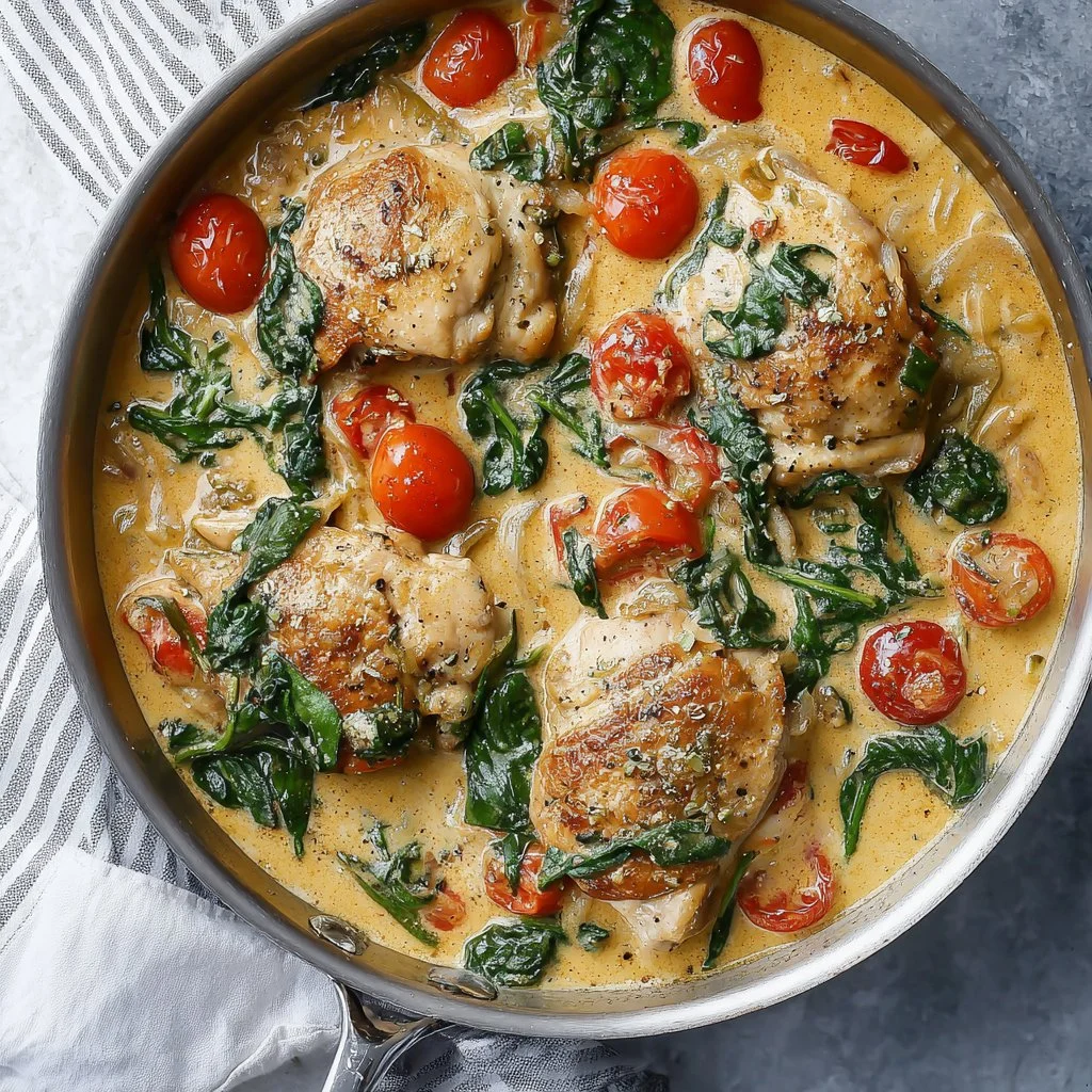 Creamy Tuscan chicken thighs plated with vibrant vegetables