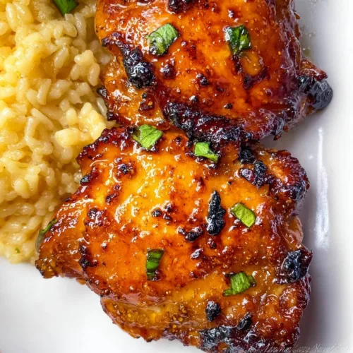 Crispy air fryer skinless chicken thighs on a plate with fresh herbs.