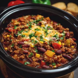 Delicious Crockpot Cowboy Casserole with beef, corn, and cheese.