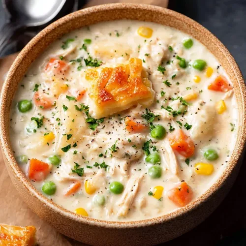 Bowl of easy chicken pot pie soup topped with fresh herbs and biscuits