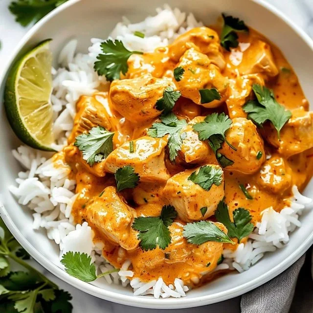 Easy coconut chicken rice bowl with vibrant vegetables and creamy coconut sauce.