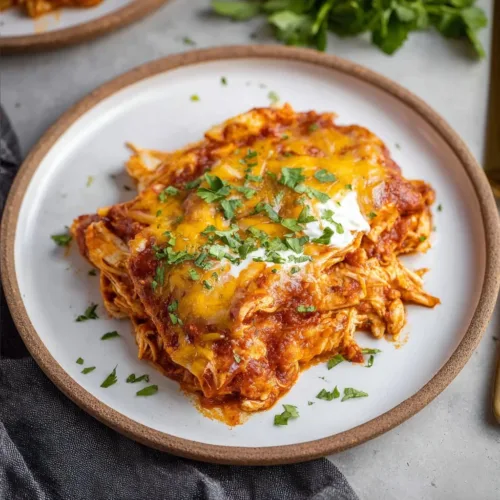Easy crockpot chicken enchiladas served with salsa and cheese.
