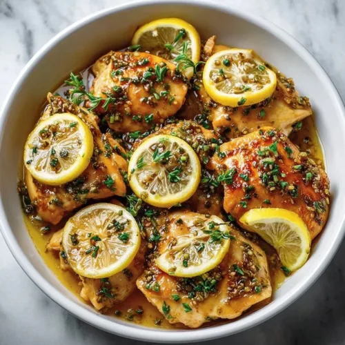 Delicious lemon garlic chicken cooked in a crockpot with fresh herbs.