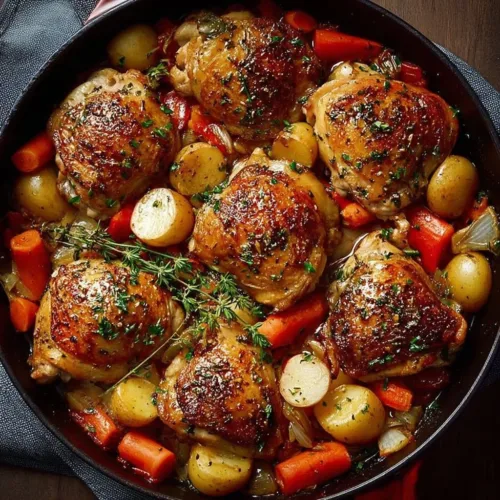 Easy one pan chicken thighs dinner ready to serve with vegetables