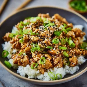 Delicious sesame ground chicken served with vegetables on a plate
