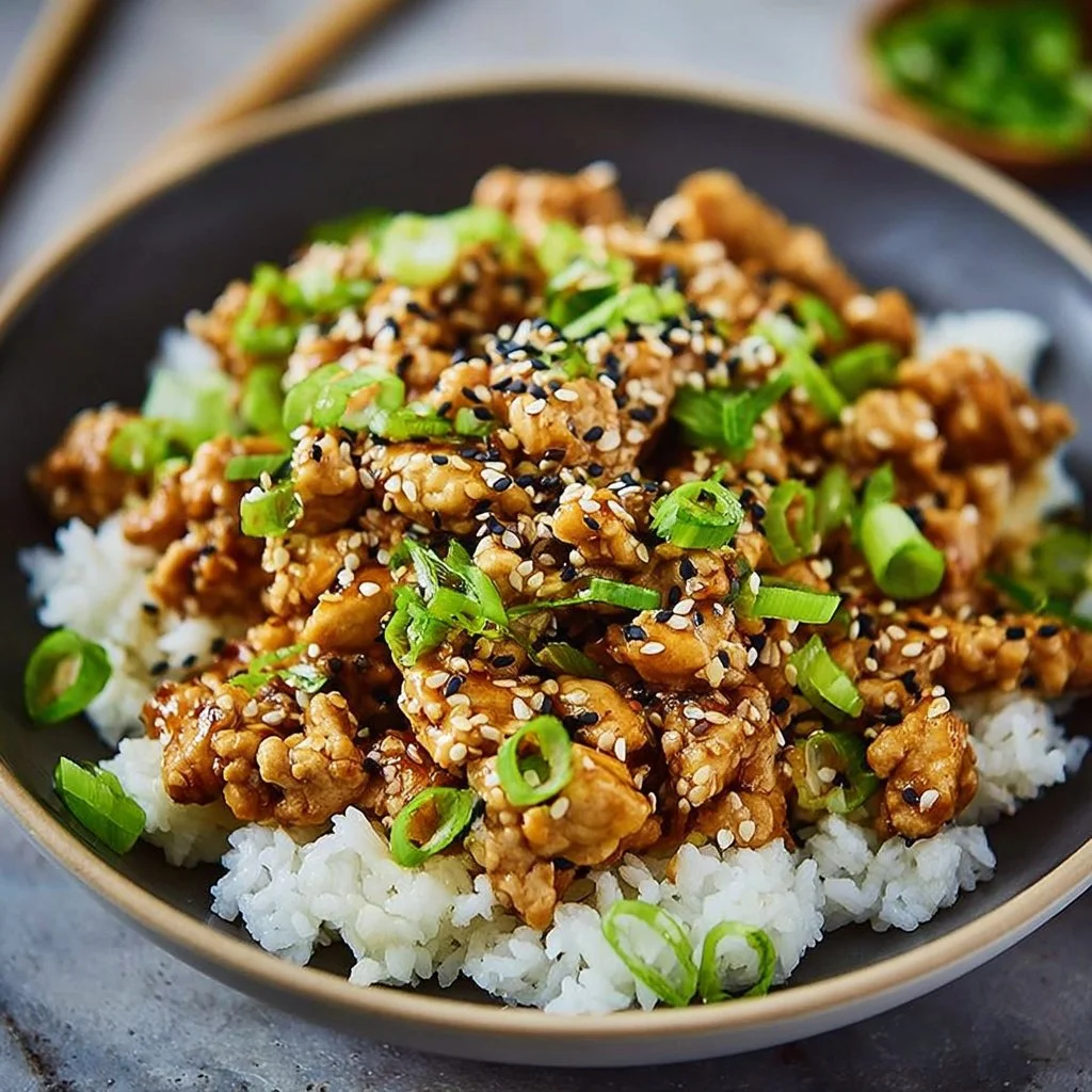Delicious sesame ground chicken served with vegetables on a plate