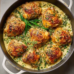 Garlic Parmesan Chicken Thighs served on a plate with herbs