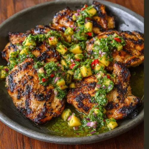 Healthy honey lime chicken served with vibrant mango salsa.