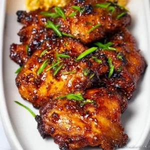 Plate of honey garlic chicken thighs glazed with sweet and savory sauce.