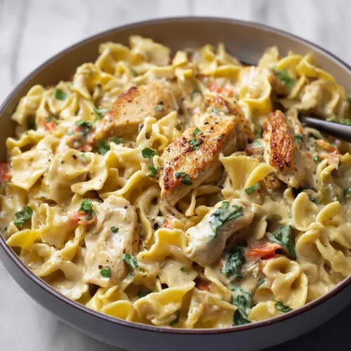 Instant Pot Tuscan Chicken Pasta dish with creamy sauce and fresh herbs