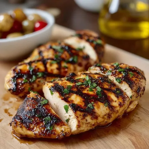 Juicy grilled chicken breast served with fresh vegetables on a plate