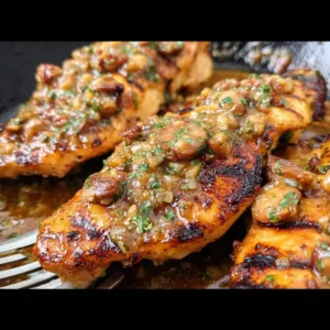 Grilled honey mustard chicken garnished with herbs on a plate