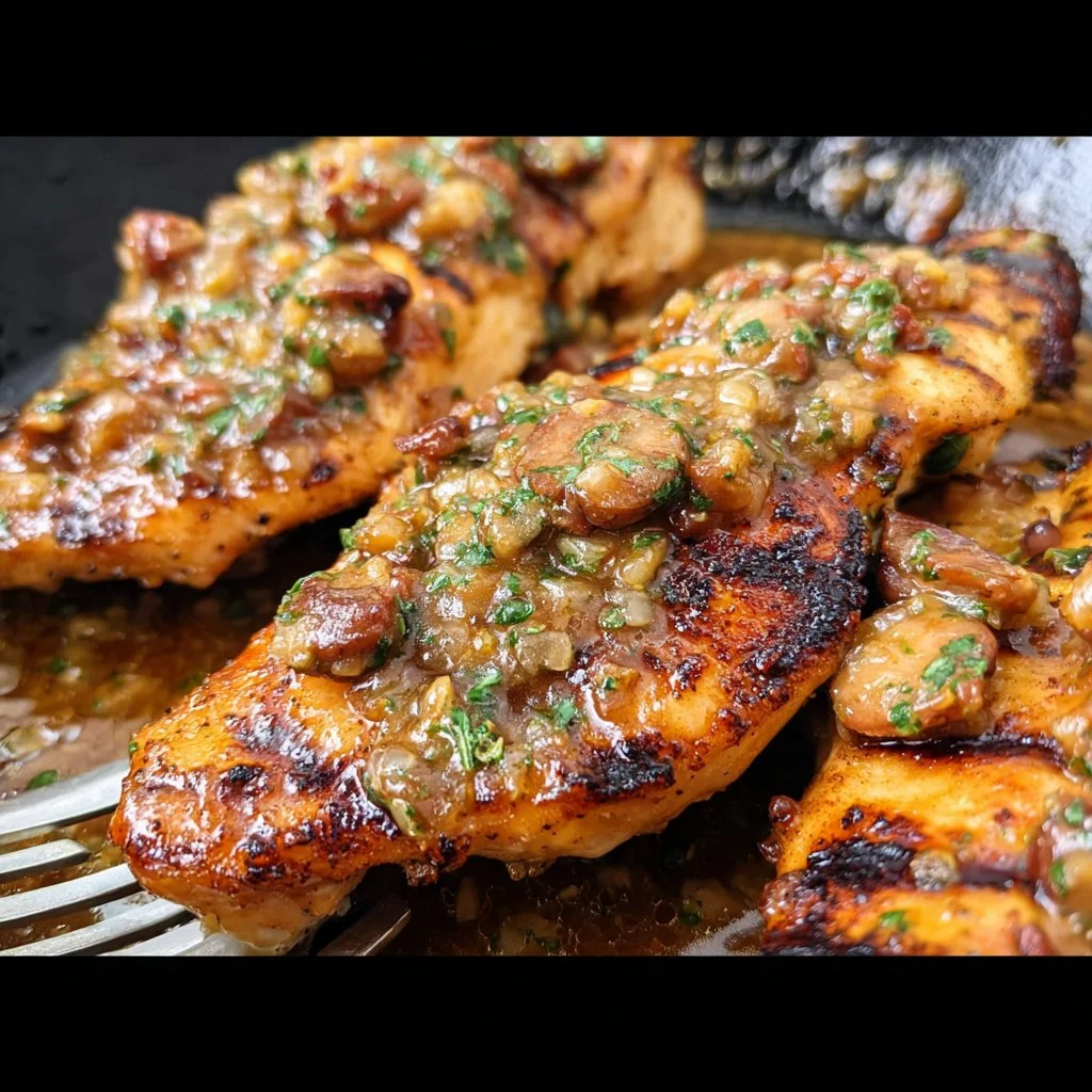 Grilled honey mustard chicken garnished with herbs on a plate