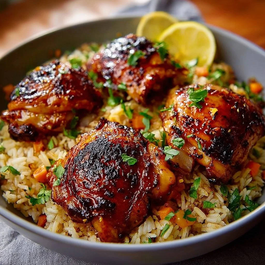 Delicious lemon chicken thighs served with rice in one pot
