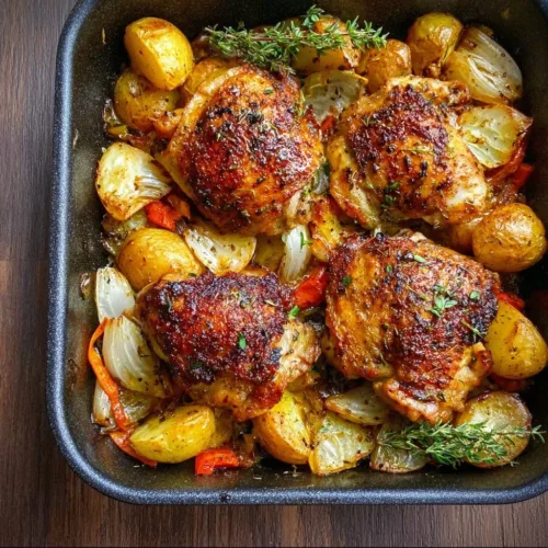 One Pan Roasted Chicken Thighs dish with herbs and vegetables